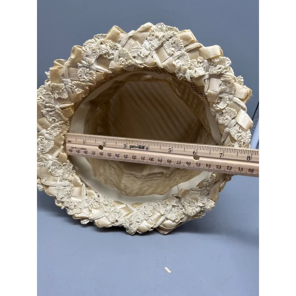Vintage Cloche hat Cream Straw gathered‎ fabric velvet ribbon 21 inches